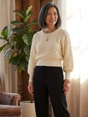 Le Sah By Le Roy Vintage Cream Textured Knit Balloon Sleeve Sweater Size XS